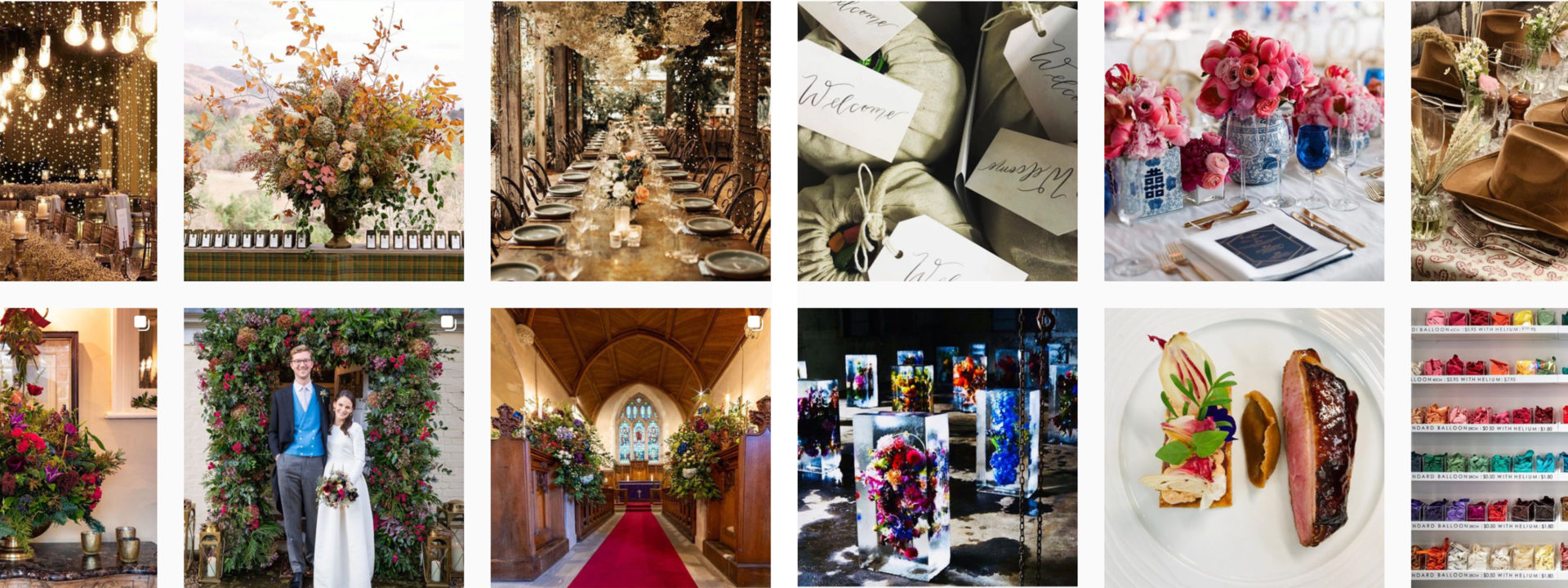 Instagram account with event planning inspiration images, like event venues, decor and catering
