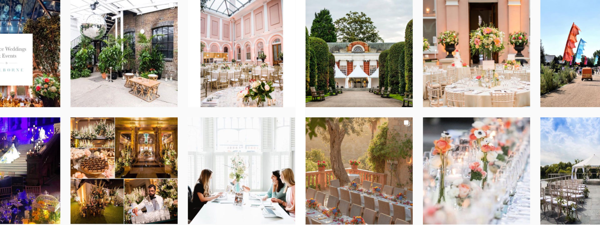 Instagram account with event planning inspiration images, like table settings and event venues